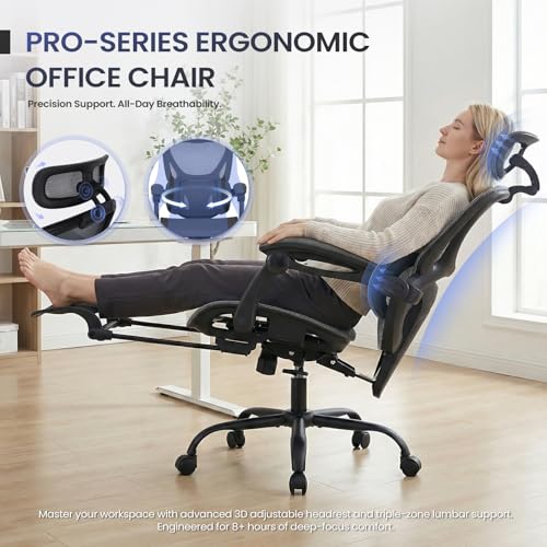 Image of MALOL Ergonomic Mesh Office Chair with Footrest, Executive High Back Computer Desk Chair with 3D Adjustable Headrest & 5-Level Lumbar Support, Reclining Tilt Lock, 3D Arms, 300LBS Capacity, Grey
