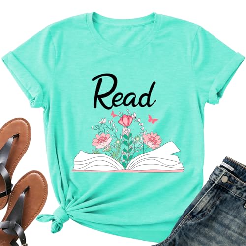 Image of Read Book Shirt for Women-Reading Teacher Tee Tops Pink Flower and Butterfly Short Sleeve Cute Book Shirt