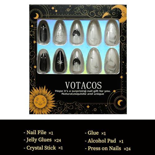 VOTACOS Cat Eye French Tip Press on Nails Almond Medium Black White Acrylic Fake Nails Press Ons with Designs Y2K Heart Star Glue on Nail for Women 24PCS Silver Reusable Artificial Stick on False Nail — view 5