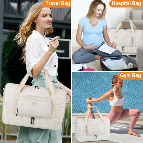 Image of Travel Weekender Bag for Women, 21 inch Overnight Bag with Shoe Compartment 50L Large Travel Duffel Bag Carry On Tote for Weekend, Overnight, Business Trips, Water Resistant, Light Khaki, Large, Travel