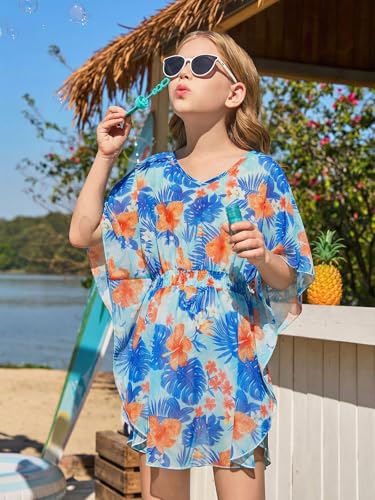 Image of Haloumoning Girls Chiffon Swim Beach Cover Up Kids Cute Elastic Waist Printed Bathing Suit Coverups 5-14 Years
