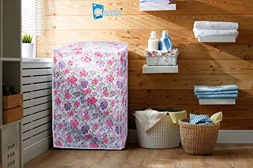 Image of Classic Top Load Washing Machine Cover Suitable for Voltas 6 Kg, 6.5 Kg, 7 Kg, 7.5 Kg (55cmsX55cmsX89cms, White & Pink Flower, Medium)