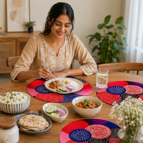 Image of Zimittory Round Cotton Dining Table Mats Set of 2, 14-inch, Berry Burst