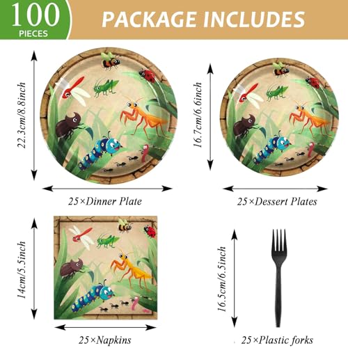 Image of Qyeahkj 100 Pcs Bug Party Plates Napkins Supplies, Spring Summer Ladybugs Bee Reptile Birthday Party Tableware Set Insect Birthday Party Decorations Favors for Boys Girls Serve 25