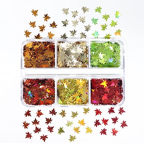 3D Fall Leaves Nail Art Glitter Sequins Laser Sparkly Maple Leaf Nail Glitter Flakes 6 Colors Holographic Autumn Nails Sequins For Nail Art Decorations Diy Crafts #TOP5
