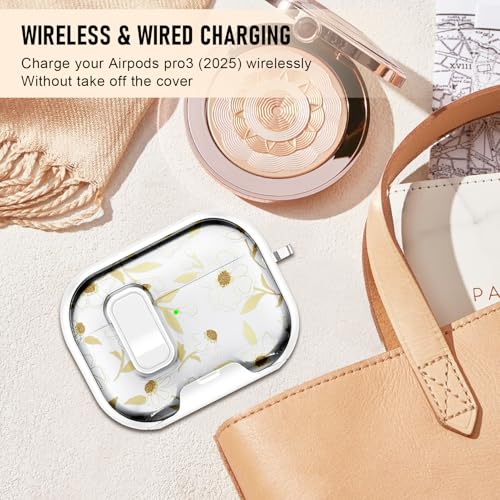 Image of Compatible Airpods Pro 3 Case (2025) with Phone Stand & Cleaner Kit,Cute Flower Print Soft Silicone Lock Clip Apple AirPods Pro 3rd Generation Case, Airpod Pro 3 Cover with Keychain for Women /Girls