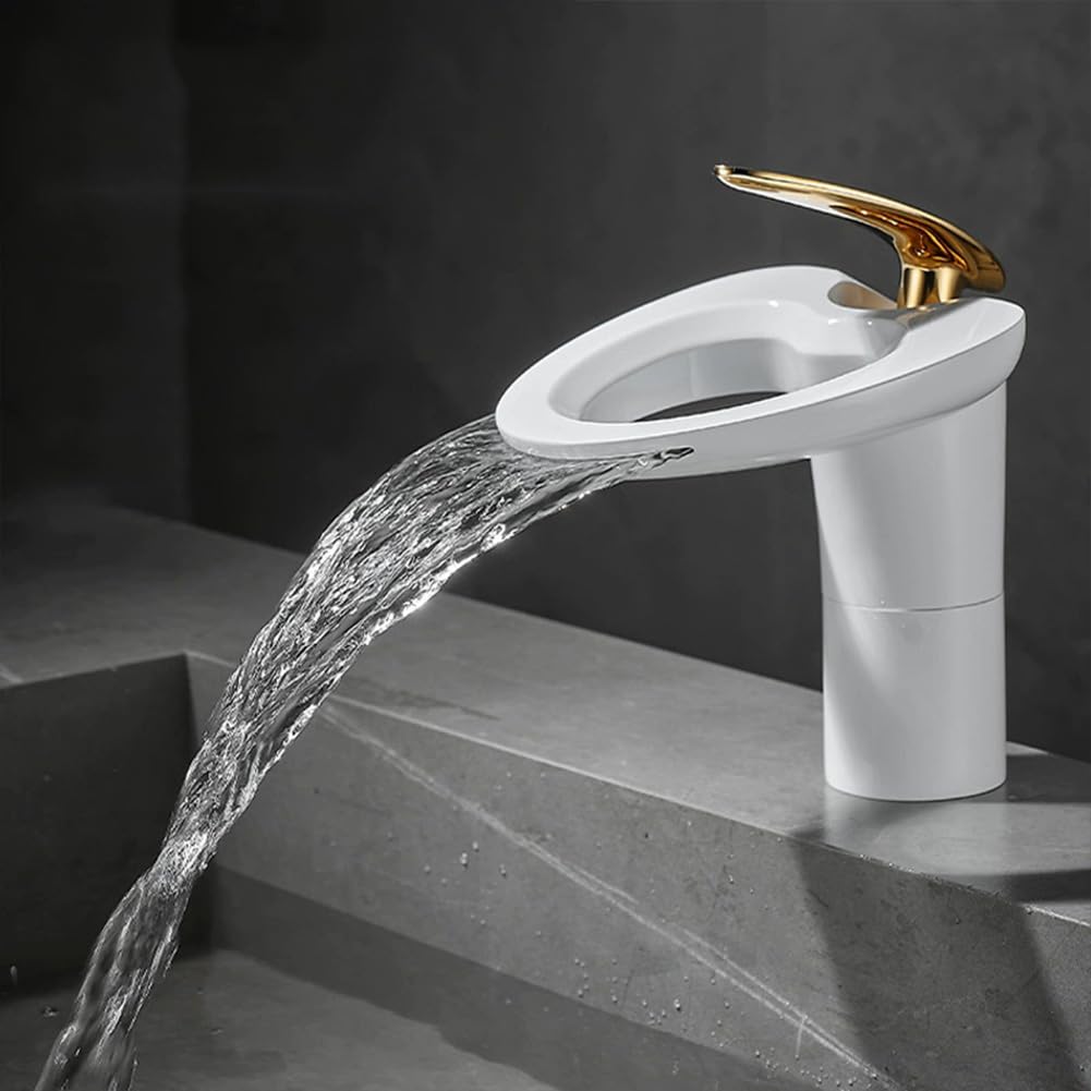 Wasserhahn Bad Wasserfall Waschtischarmatur Moderner Stil Messing Einhebel Mischbatterie Waschbecken Armatur, Badarmatur Waschtischbatterie Badezimmer, Weiß