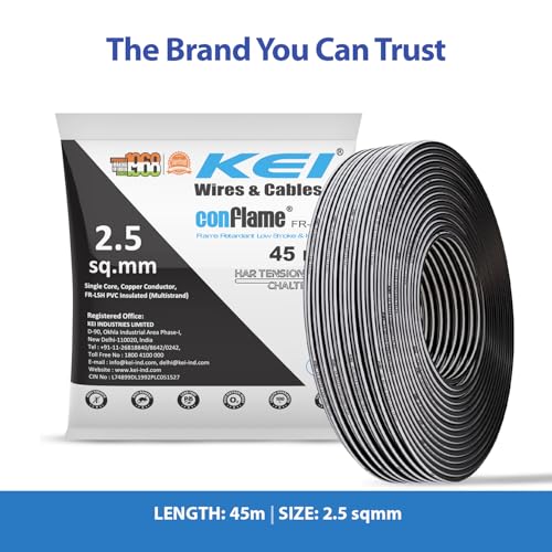 Image of KEI CONFLAME FRLSH 2.5 sqmm 1 Core Copper Heat Resistant Flame Retardant Low Smoke & Halogen - Lead Free House Wire for Domestic & Industrial Electrical Wiring (Black, 45 Meters)