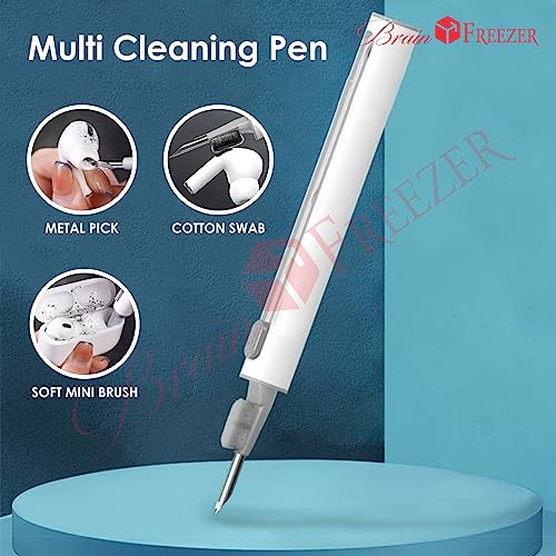 Image of Brain Freezer Earphone Earpod Cleaning Pen, Earbuds, Headphones, Wireless Earphones, 3-in-1 Multifunctional Cleaning Kit, Metal Pen, Sponge & Brush, Cleans Keyboards Laptops Mobiles, (White)