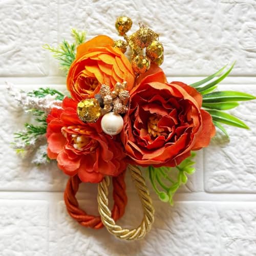 Image of ADIKALA Handmade Artificial Big Peonies 3 Flower Bunch for Trousseau Packing, Ready to use Flower Brooch Hamper for Decoration, Gift Wrapping Flowers (6, Orange)