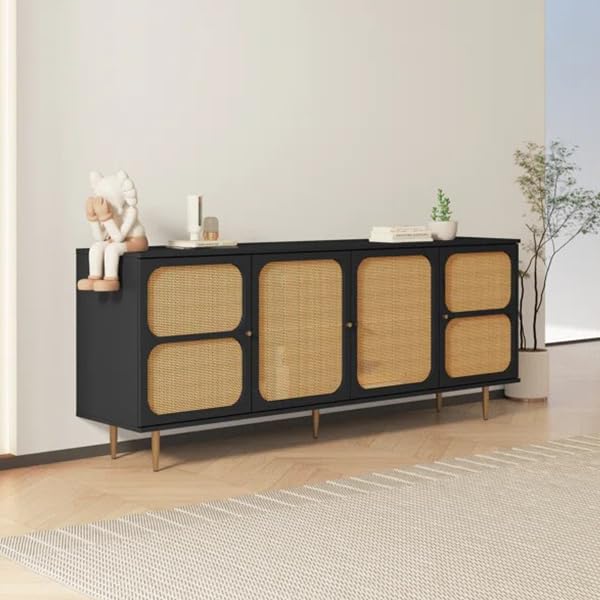 Heera Moti Colter Sideboard Cabinet MDF Board with PU Paint Storage,Soft-Close, 4 Rattan Doors (Black, Small)-image-4