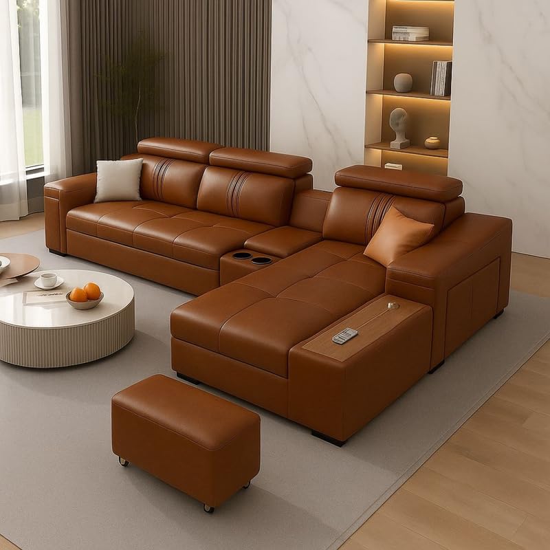 Image of Homax. Nimra Smart L-Shape 6-Seater Sectional Sofa Set with Console, Cup Holders, Charging Station & 2 Ottomans - Premium Leatherette Finish - Brown Color Orientation LHS