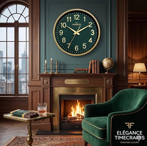 Image of Elica Fashion Round Wall Clock, Green & Gold, Roman Numerals, Decorative Home Decor for Living Room (Gold-FF)