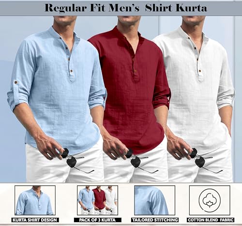 Image of Zombom Combo of Men's Solid Cotton Polyester Blend Full Sleeve Mandarin /Chinese Collor Straight Kurta Shirt (Pack of 3)