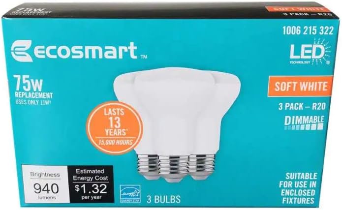 EcoSmart 75-Watt Equivalent R20 Dimmable Energy Star LED Light Bulb Soft White 2700K (3-Pack), R20-1D 11W E26 120V