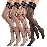 DOPENSPI 4 Pairs Fishnet Stockings for Women, Fishnet Thigh Hold Up Stockings Sexy Lace Top Thigh High Socks Sheer Lace Top Black Long Socks for Women