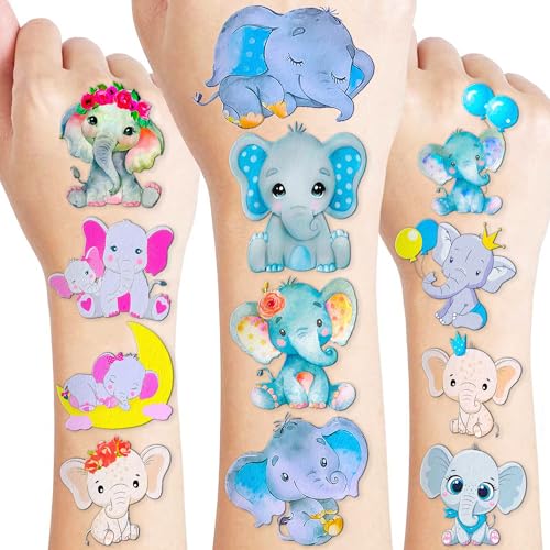 96 PCS Cute Temporary Tattoos Baby Elephant Tattoo Theme Shower 1st Birthday Party Decorations Supplies Favors Decor Funny Pink Blue Animal Stickers Gifts For Kids Girls Boys Classroom Prizes Carnival