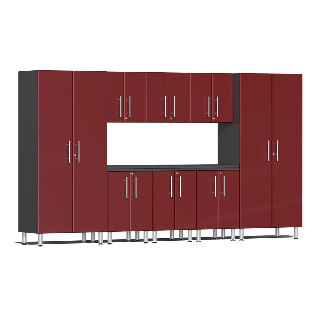 Ulti-Mate UG23091R 9-Piece Garage Cabinet Kit with Channeled Worktop in Ruby Red Metallic