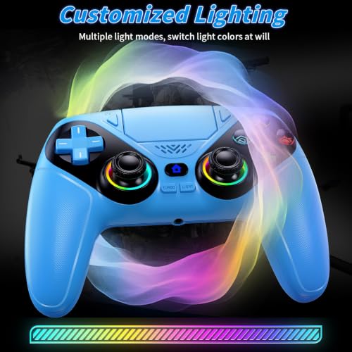 Image of Gamrombo LED Wireless Controller for PS5, Compatible with PS5 Pro /Slim /PC, Dual Vibration, Macro /Turbo Function, 3.5mm Audio Jack, 6-Axis Motion Control Gamepad with Speaker(Azure)