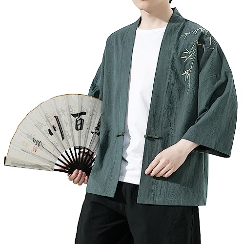 Image of Mens Kimono Cardigan Cotton Linen Japanese Shirt 3 /4 Sleeve Haori Yukata | Skin-Friendly Solid Color Lightweight Shawl Collar Kimono Robe Embroidery Button Tie Pockets Happi Coat All Season Daily Wear