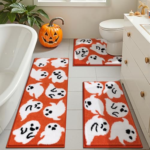 Pauwer Halloween Bathroom Rugs Sets 3 Piece, Fall Microfiber Bath Mats for Bathroom with U-Shaped Contour Toilet Rug, Spooky Soft Absorbent Washable Non Slip Bath Mat Set, Orange Ghost