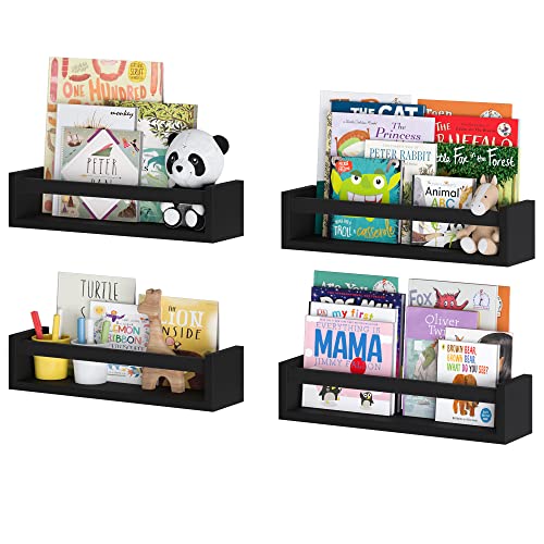 Image of Wallniture Utah Floating Shelves for Wall, Kids Bookshelf and Wood Wall Shelves for Nursery Decor, Set of 4, Black