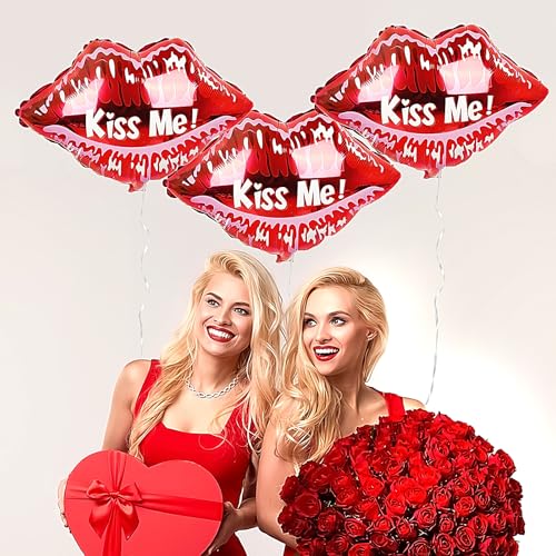 Image of Valentine Day Balloons Kiss Me Balloons Red Lips Shape Foil Balloons Valentine's Day Aluminum Balloons Set for Party Decorations Anniversary Wedding Supplies 3PCS