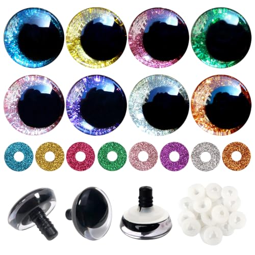 TOAOB 16 Set Glitter Safety Eyes for Amigurumis 30mm Round Crochet Eyes with Washers 8 Colors Doll Eyes for DIY Puppet Bear Stuffed Animals Making