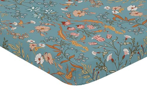 Image of Sweet Jojo Designs Baby Fitted Mini Crib Sheet (Blue Wildflower Vintage Floral) for Girls, Newborn /Infant Nursery, Play Yards, Portable Cribs (Boho, Botanical, Bohemian, Farmhouse, Cottagecore, Teal)