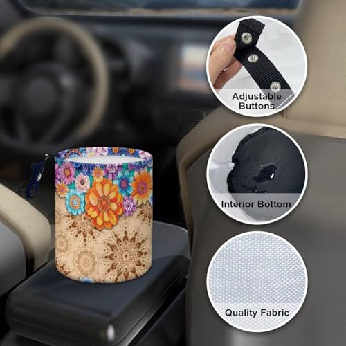 Image of Pensura Car Trash Storage Box Cute Grocery Organizer Boho Ethnic Floral Hanging Vehicle Garbage Waterproof Can Trash Can for Car Compatible with Most Cars,Easy to Install