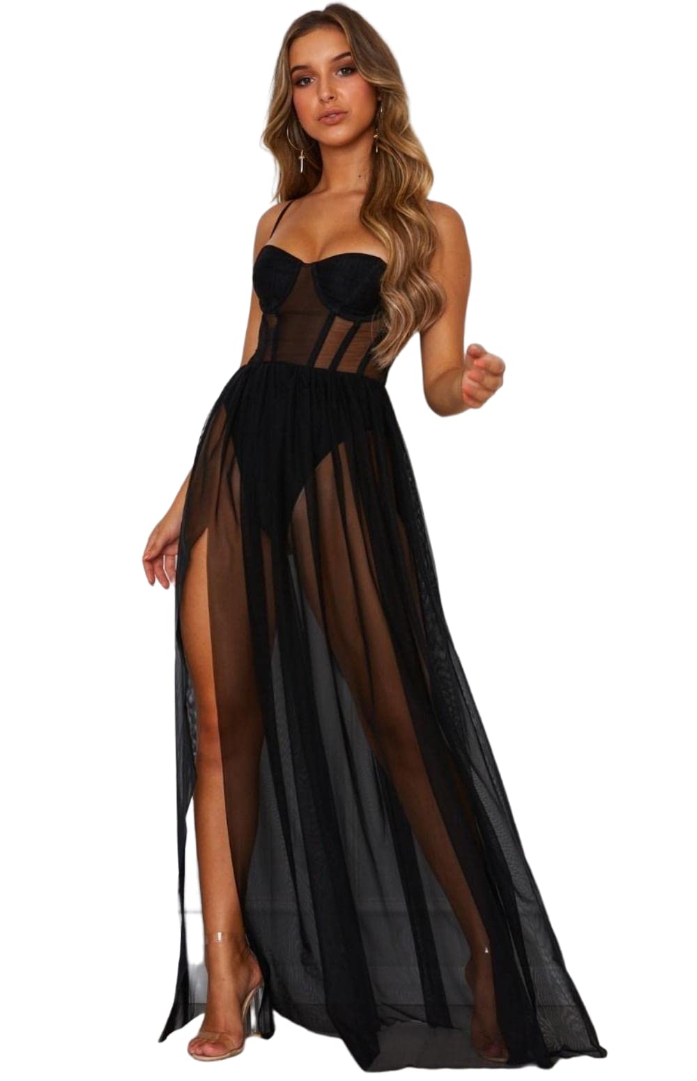 JFAN Vestido Largo de Malla para Mujer Lencería Transparente Vestido Largo Sexy sin Mangas Vestido Largo de Reina del Baile