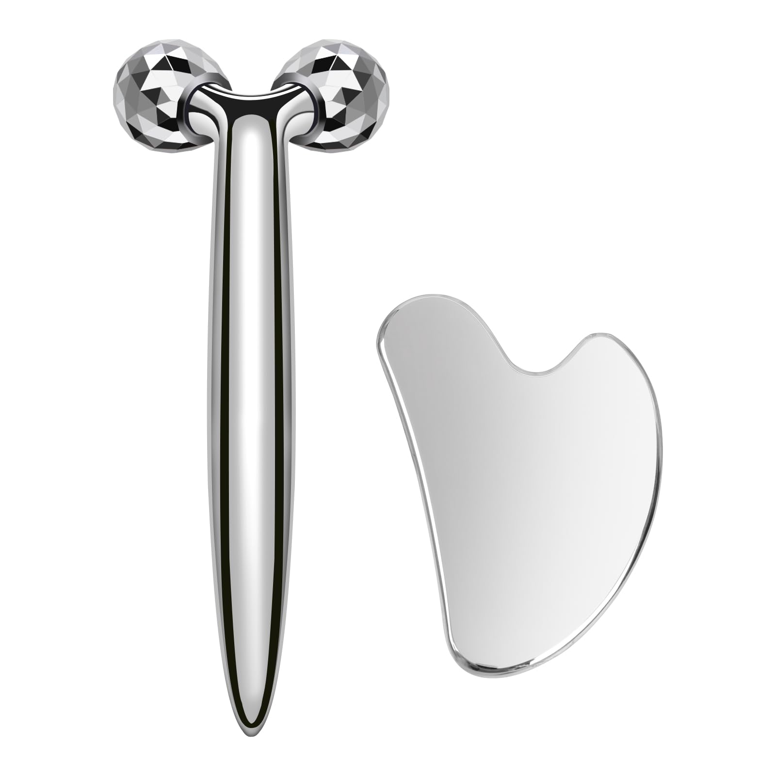 InfiniteRelax 3D Gua Sha Facial Tools Metal Face Roller Stainless Steel Gua Sha Set Cooling Massage Tools for Reduce Puffiness Firm Skin
