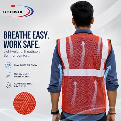Image of STONIX Safety JacketFor Men Women With High Visibility Reflective Strips Industrial Construction Work breathable (PACK OF 5,10, ORANGE, GREEN) net Febric Material