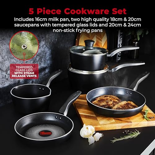 Image of Tower T700314 SmartStart Gourmet 5 Piece Cookware Set with Easy Clean Aeroglide Non-Stick Coating, Oven Safe, Long Lasting, PFOA Free, Black