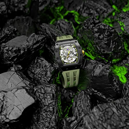 Image of TSAR BOMBA Men's Automatic Watch Tonneau Luxury Skeleton Watches for Men Mechanical 50M Waterproof Analogue Watches Mens Unique Cool Square Big Face Dial Wristwatch with Silicone Strap Band