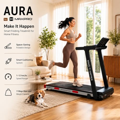 Image of MAXPRO Aura 4HP Peak BLDC Motor Treadmill for Home Use| 110kgs Max.User Weight | 12km /hr Speed | LED Display with Tablet Holder | Manual Incline Treadmill for Home Gym