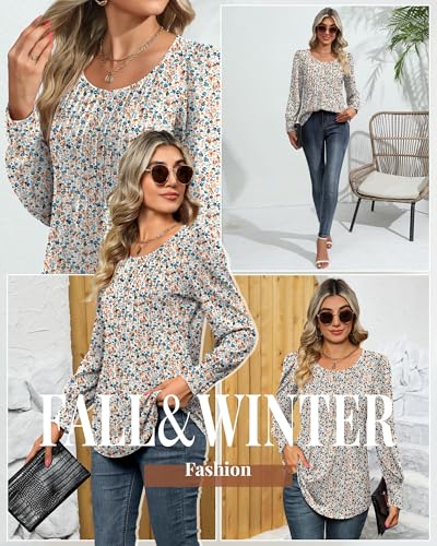 Ficerd Women's Puff Long Sleeve Tunic Tops Pleated Crew Neck Blouses Dressy Casual Loose Fit Fall and Winter Shirts4