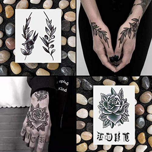 Oottati Waterproof 9 Sheets Back Of Hand Fake Temporary Tattoo Stickers - Black Gothic Flower Rose #TOP2
