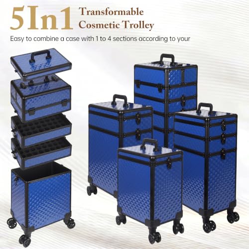 Image of 5 in 1 Rolling Makeup Train Case Professional Cosmetic Trolley Large Storage Organizer on Wheels for Hairstylist Artist Nail Beauty Salon Barber Blue
