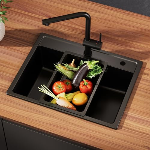 ANYCEE Évier de Cuisine 1 Bac en Granit Noir 60 x 46 cm, avec égouttoir, 80% Sable Quartz Résistant à l'usure et aux chocs, Évier Cuisine Installation Réversible,...