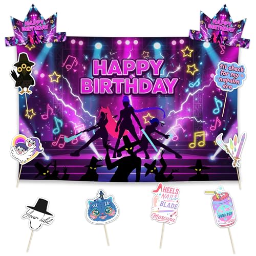Allenjoy Music Star Stage Neon Lights Birthday Party Supplies Sets - 1pc 59" x 35" Backdrop, 2pcs Paper Headwear, 8pcs Photo Booth Props
