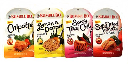 BUMBLE BEE Seasoned Tuna VARIETY 4 Pack + FREE Ritz Mini Crackers. Contains: 1 Pouch each of SUN DRIED TOMATO & BASIL, SPICY THAI CHILI, LEMON & PEPPER, CHIPOTLE (2.5 oz each). Ready to Enjoy!