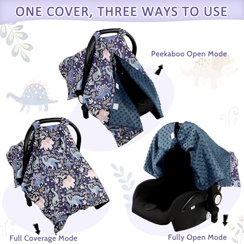 Image of Pea Pod Baby Car Seat Cover, Breathable Infant Carseat Cover for Summer Peekaboo Opening Car Seat Canopy Cover, Nursing Cover for Baby Boys Girls (Blue Dinosaurs)