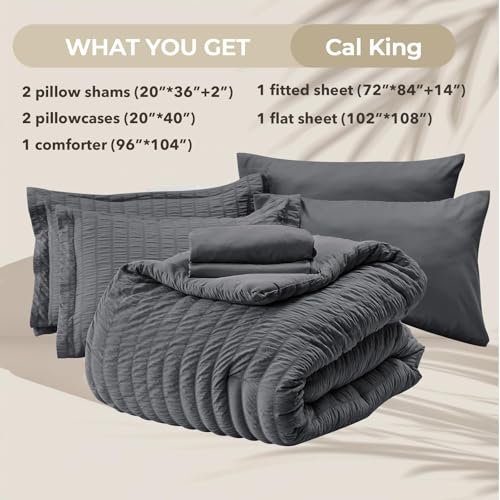 Image of HYMOKEGE California King Comforter Set Seersucker 7 Pieces, All Season Luxury Bed in a Bag for Bedroom, Bedding Set with Comforters, Sheets, Pillowcases & Shams, Dark Grey