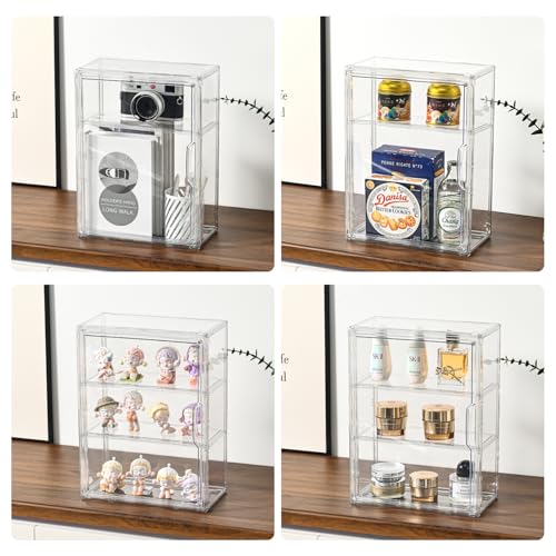 Image of 3 Tier Display Case for Collectibles,Clear Display Box with 2 Movable Plates ,Storage Container with Magnetic Door (Large 3 Pack)