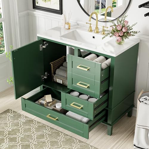 Mirightone 36\" Bathroom Vanity with Sink, Bathroom Vanities 36 Inch with Sink, 36 Bathroom Vanity with Top Including 3 Drawers and 1 Soft Closing Door, Vanity with Sink for Bathroom (Green)