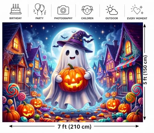 7x5ft Halloween Backdrop Cute Ghost Pumpkin Photography Background Trick or Treat Candy Scene for Kids Birthday Party Photo Booth Studio Props 085 by XIMEVALORIA - Used condition - Image 4