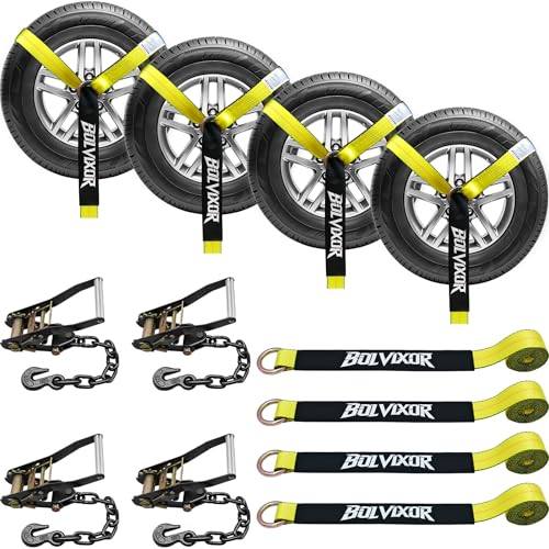 Bolvixor 4 Pack Car Tie Down Straps for Trailers - 2' x 96' - 9900LBS Break Strength - Tire Ratchet Straps with Heavy Duty Chain Anchors for Hauling UTV, SUV, Truck, Any Cars