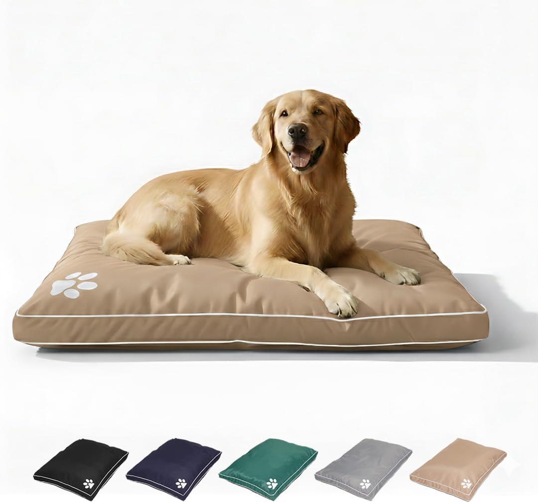 S ONE DISCOUNTS LIMITED Dog Beds Cushion Waterproof Heavy Duty Cover Hardwearing Puppy Pet Cushion Tough Mattress Large (58cm x 80cm x 5cm) And Extra Large (78cm x 120cm x 6cm) (Beige, L)