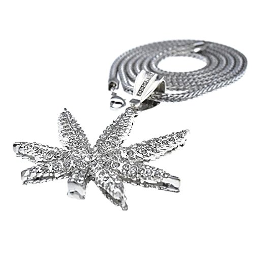 Bling Cartel Marijuana Silver Tone Iced Leaf Cannabis Pot Weed Pendant 36 in Franco Hip Hop Chain Necklace3